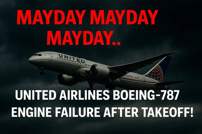 United Airlines Boeing 787 suffers engine failure after takeoff; MAYDAY distress call issued amid dramatic sky — serious aviation emergency incident