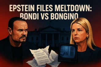 Dan Bongino and Pam Bondi clash over Epstein files in dramatic White House standoff, with torn documents and surveillance footage adding tension.