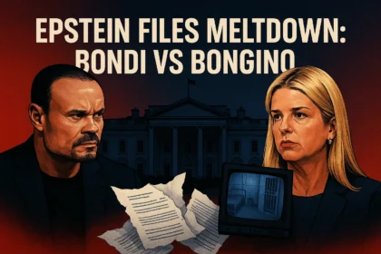 Dan Bongino and Pam Bondi clash over Epstein files in dramatic White House standoff, with torn documents and surveillance footage adding tension.