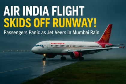 Air India flight skidded off runway at Mumbai airport during heavy rain, showing an Air India jet halted on a wet runway with headline text above.