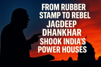Jagdeep Dhankhar silhouette with bold text “From Rubber Stamp to Rebel” over a blue-red sky showing India's political powerhouses.
