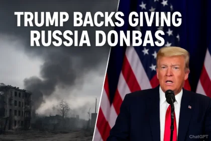 Trump speaks at a podium with U.S. flags while smoke rises over war-torn Donbas, split-screen image highlights his explosive peace plan with Russia.