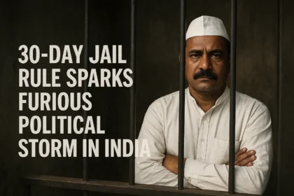 Illustration of leader behind bars highlighting the 30-day jail rule in India