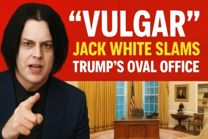 Jack White pointing angrily beside the Oval Office; bold caption reads “VULGAR: Jack White slams Trump’s Oval Office.