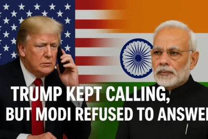 Trump Tried 4 Times to call Modi but got no response, with U.S. and India flags in background showing Trump on phone and Modi calm, unmoved.