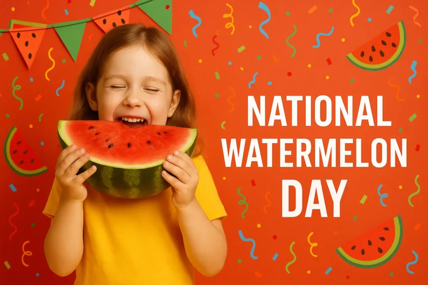 A happy 8-year-old girl enjoying a slice of watermelon outdoors while celebrating National Watermelon Day with a bright, colorful summer background.