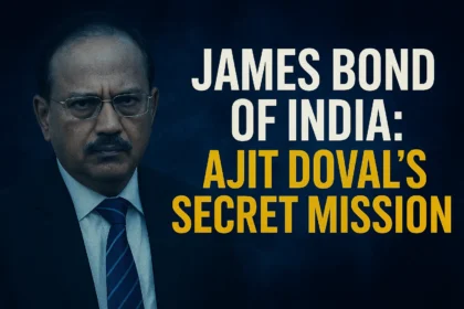 Ajit Doval portrayed with a mysterious blue James Bond–style background, symbolizing espionage, secrecy, and India’s intelligence power.