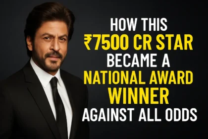 Shah Rukh Khan in a black suit with bold text revealing how the ₹7500 Cr superstar became a National Award Winner against all odds.
