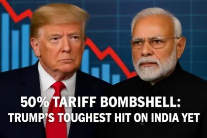 Trump and Modi face off with economic charts in background, highlighting 50% tariffs impact on India amid rising US-India trade tensions.