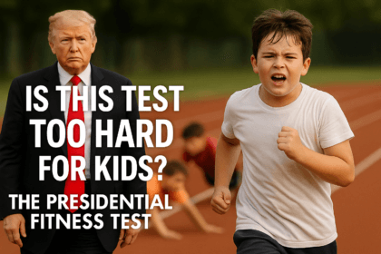 AI-generated image showing a Trump look-alike man and a young boy during a “Presidential Fitness Test,”