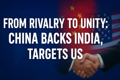 China backs India & shaking hands – shocking trade twist against U.S. with bold headline background.