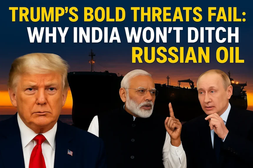 Trump appears tense while Modi and Putin engage in serious discussion, set against a backdrop of a massive oil ship — highlighting the India Russia oil deal.