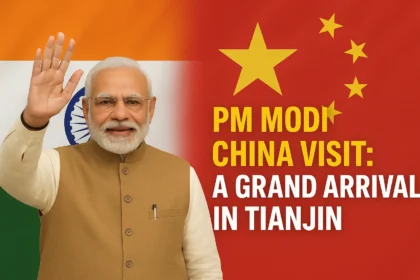 PM Modi China Visit: A realistic illustration of Prime Minister Modi waving with Indian and Chinese flags in the background, symbolizing a grand arrival in Tianjin.